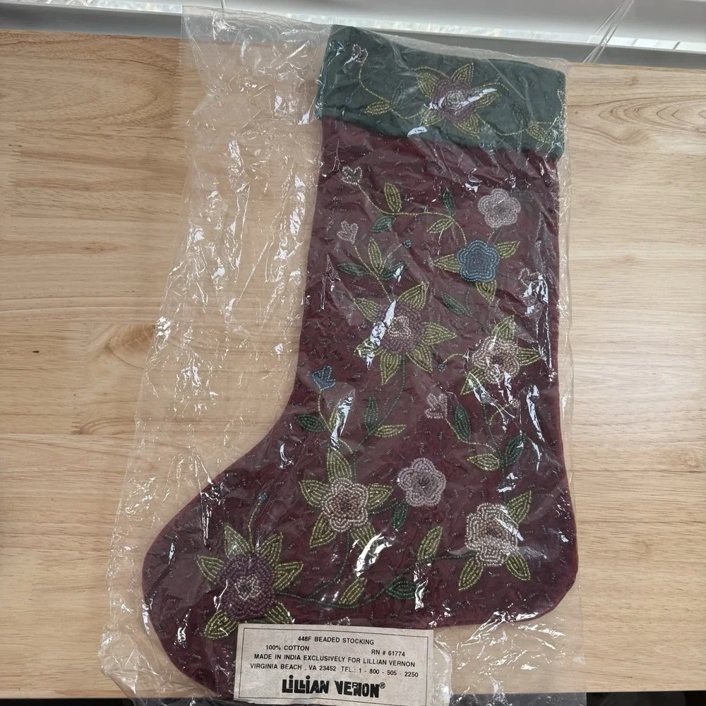 Christmas Stocking‎ Flowers Burgundy Red Green Lillian Vernon VTG Beaded Velvet
